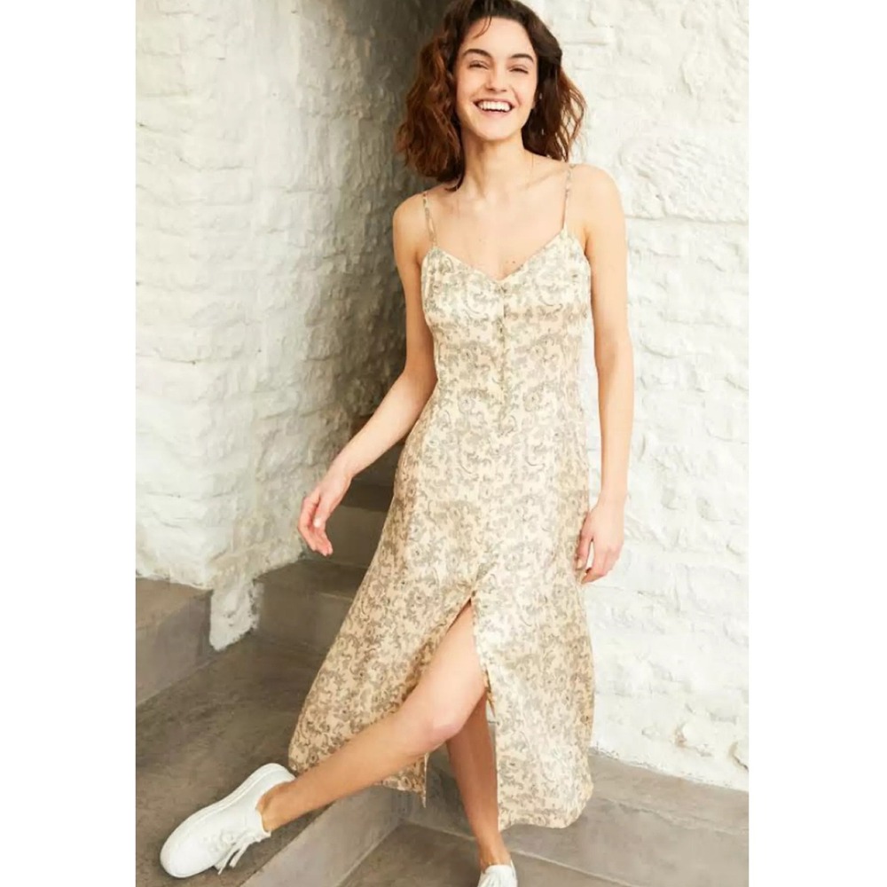 Comptoir Des Cotonniers Womens Floral Print Midi Slip Dress XS Cream Euro Summer